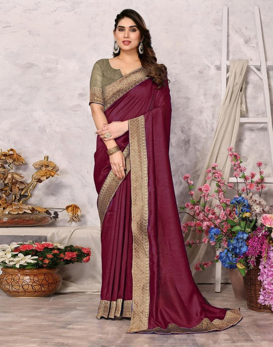 Maroon Embroidery Plain Silk Saree