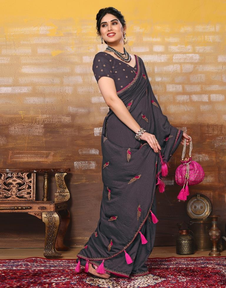 Grey Plain Silk Saree