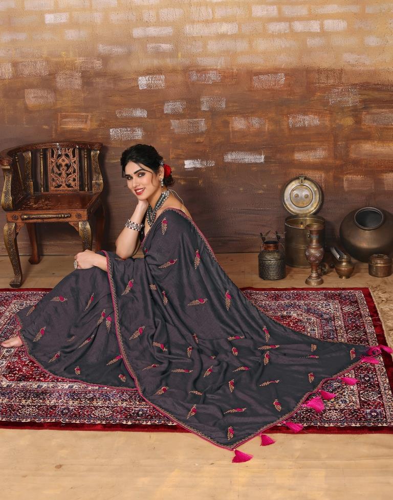 Grey Plain Silk Saree