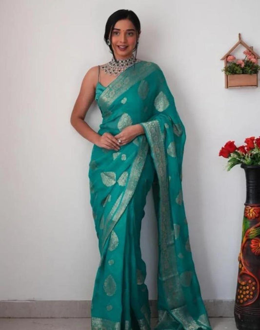 Rama Green Banarasi Cotton Saree