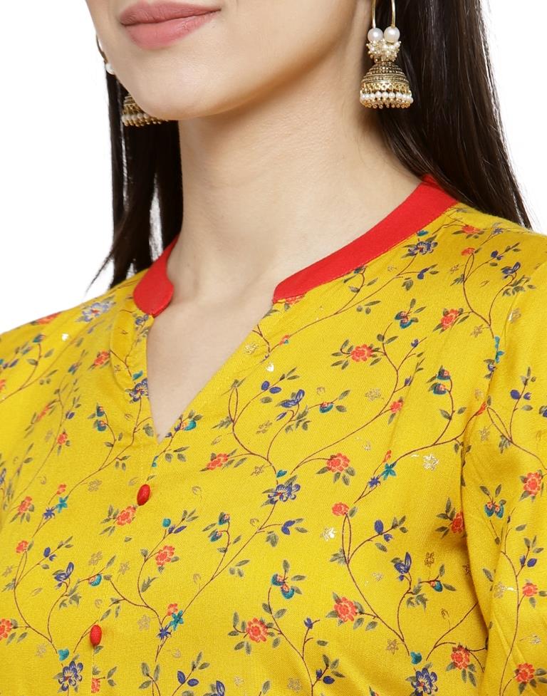 Mustard Yellow Mill Printed Rayon Kurti | Leemboodi