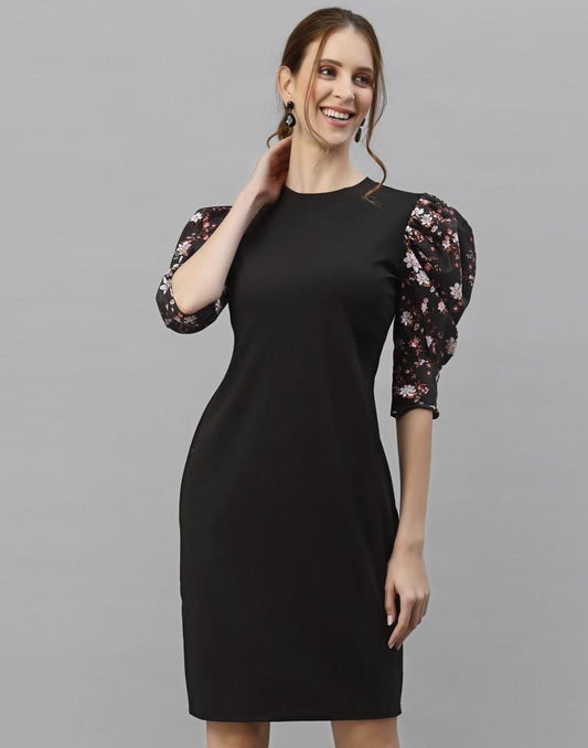 Black Puff Sleeve Bodycon Dress | Sudathi