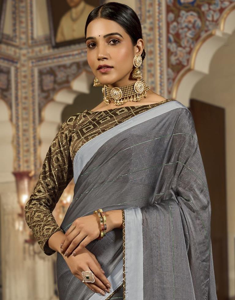 Grey Plain Chiffon Saree