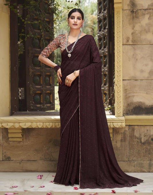 Dark Brown Plain Georgette Saree