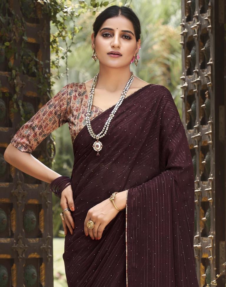 Dark Brown Plain Georgette Saree