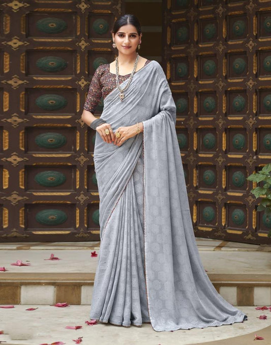 Grey Plain Georgette Saree