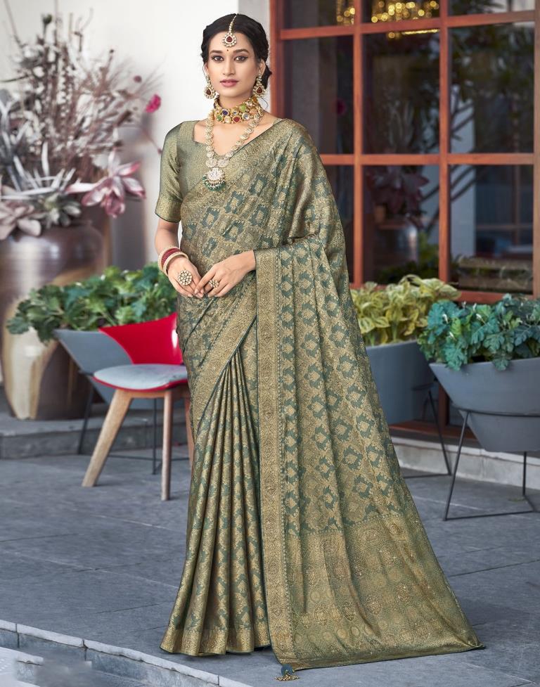 Dark Green Self Woven Silk Saree