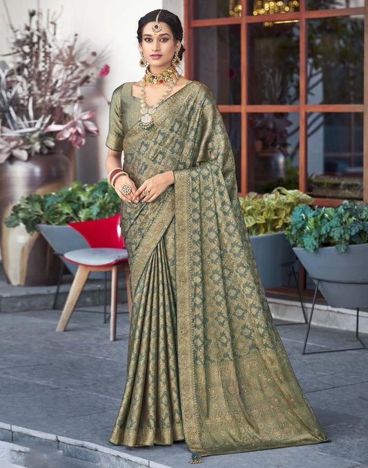 Dark Green Self Woven Silk Saree