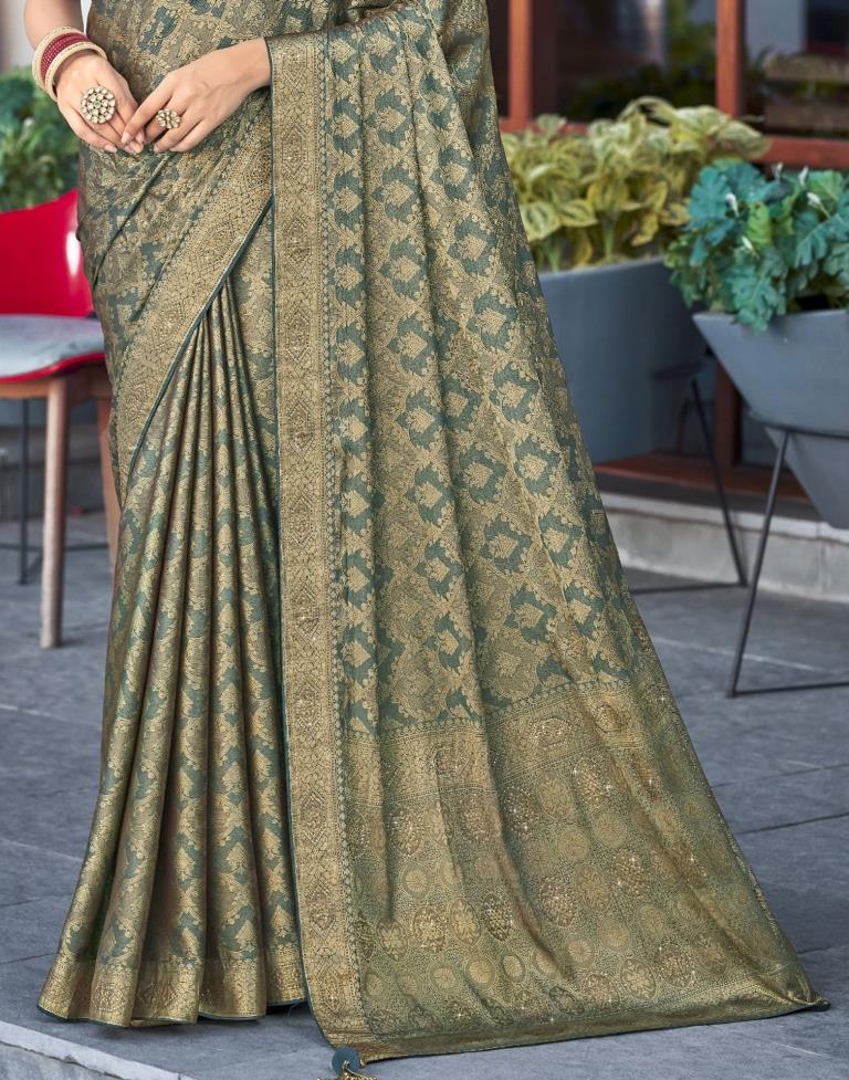 Dark Green Self Woven Silk Saree