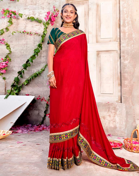 Red Jacquard Chiffon Saree