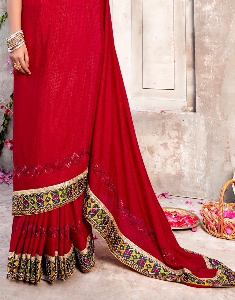 Red Jacquard Chiffon Saree