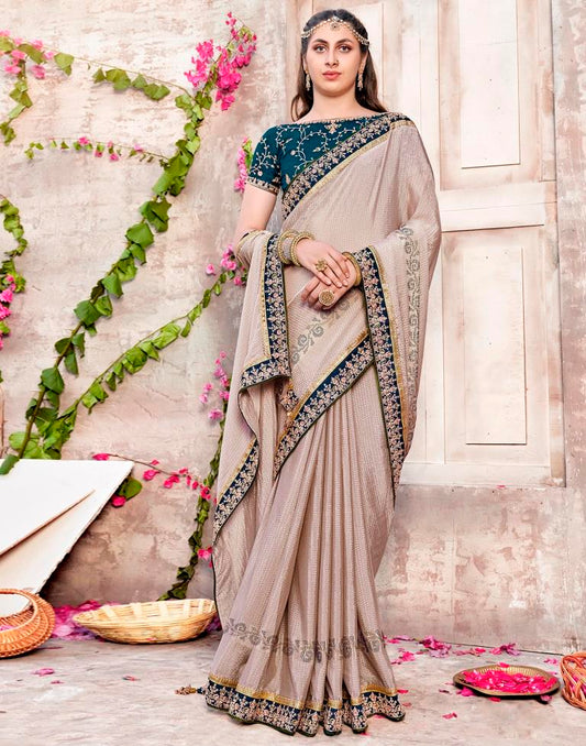 Beige Jacquard Chiffon Saree