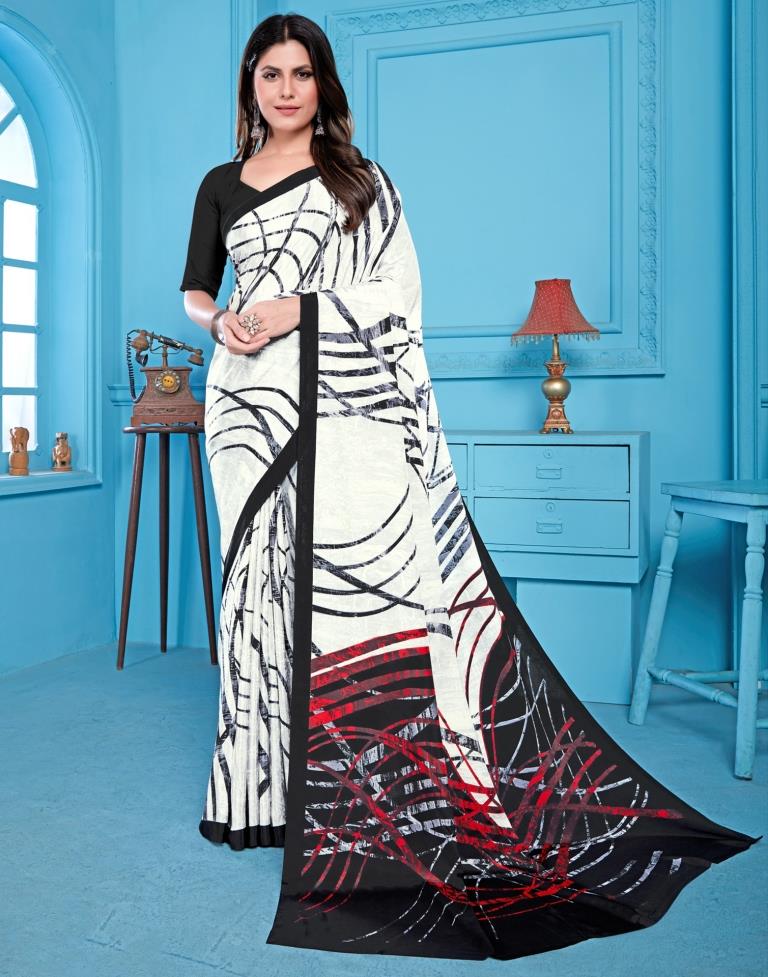 White Printed Silk Saree