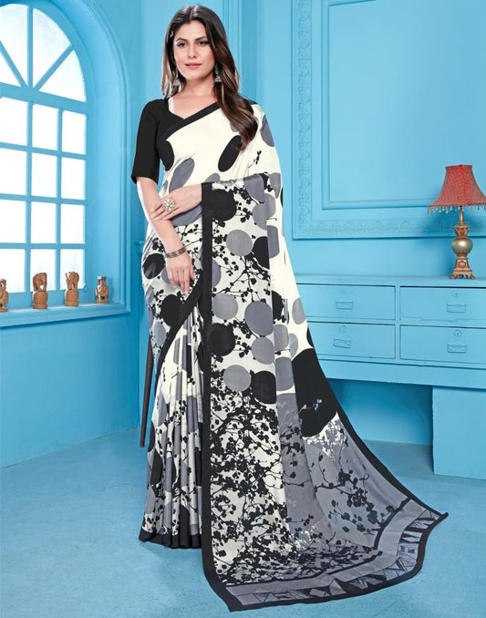 White Printed Silk Saree