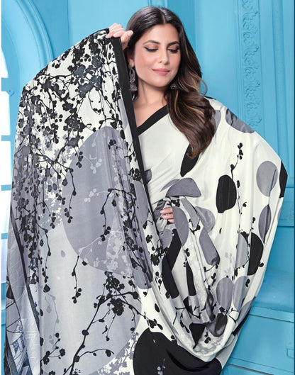 White Printed Silk Saree