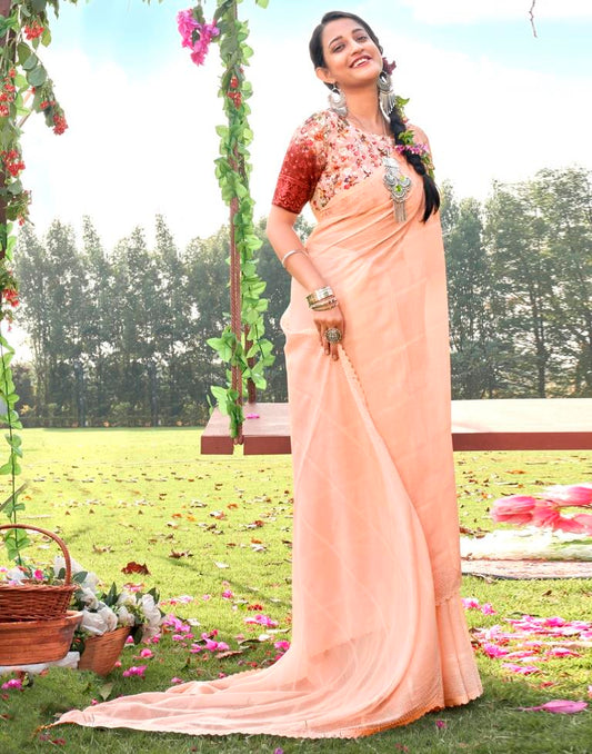 Peach Plain Chiffon Saree