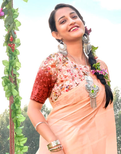 Peach Plain Chiffon Saree