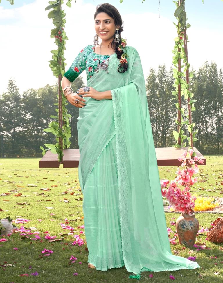Turquoise Green Plain Chiffon Saree