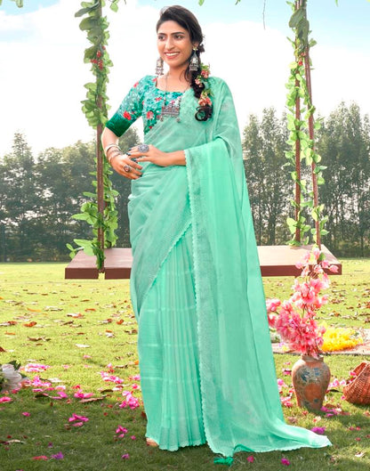 Turquoise Green Plain Chiffon Saree