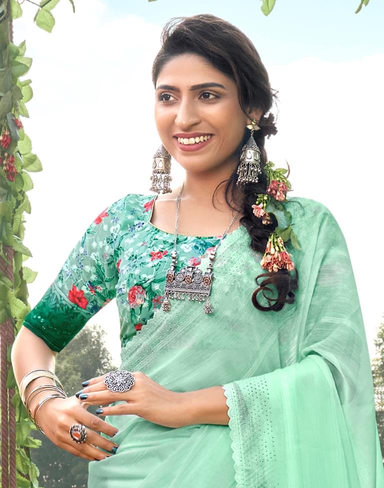 Turquoise Green Plain Chiffon Saree
