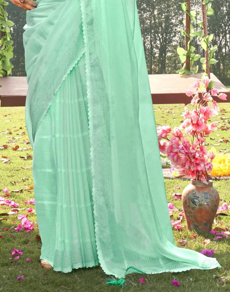 Turquoise Green Plain Chiffon Saree