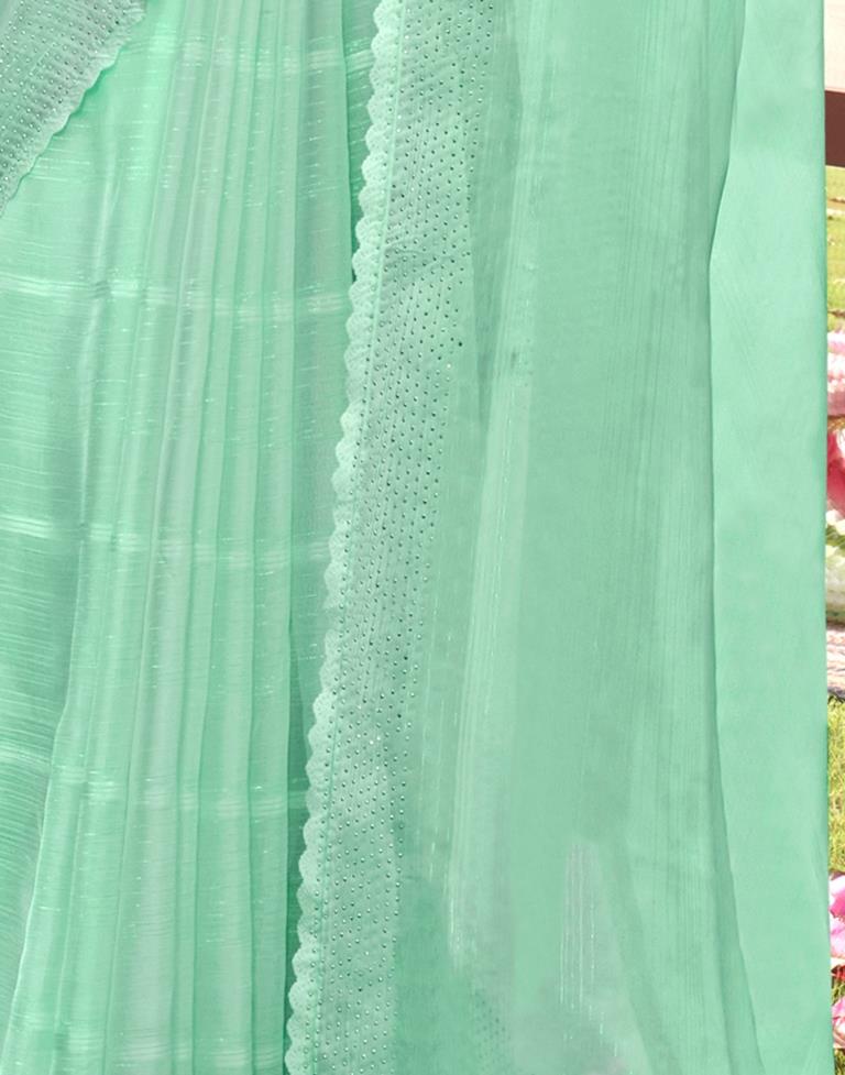 Turquoise Green Plain Chiffon Saree