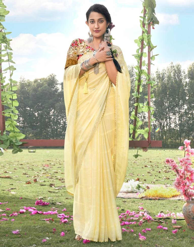 Light Yellow Plain Chiffon Saree