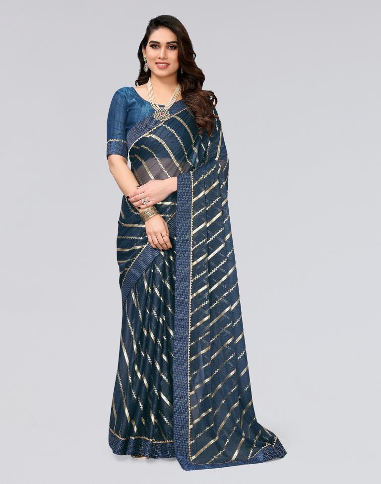 Teal Blue Printed Lycra Saree