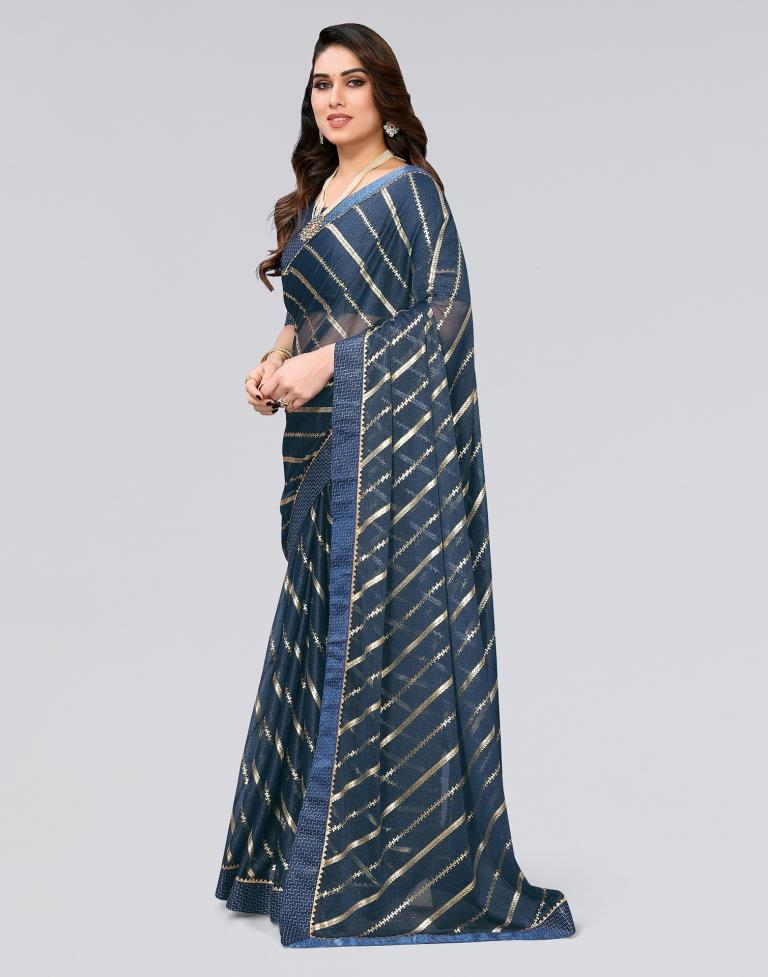Teal Blue Printed Lycra Saree