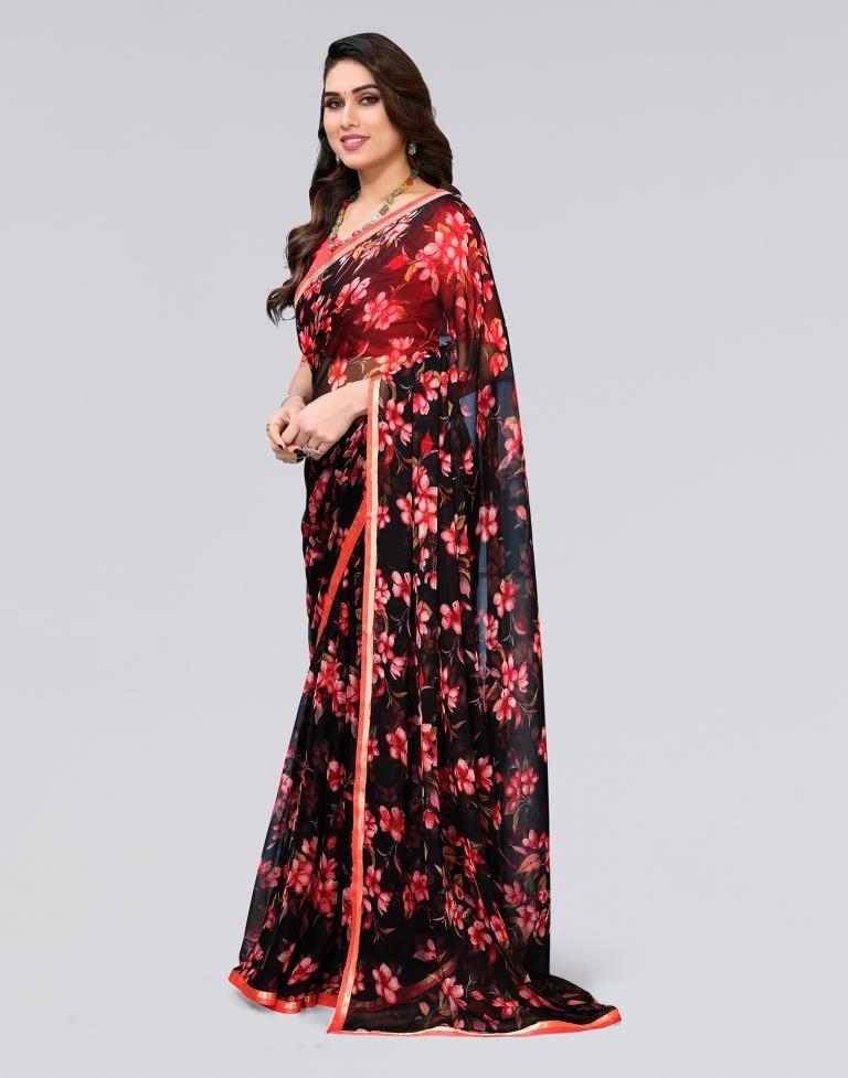 Black & Red Printed Chiffon Saree