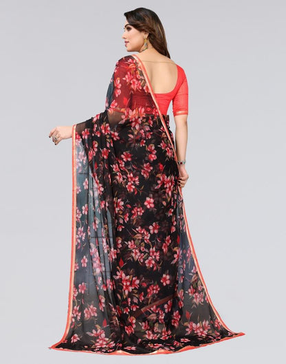 Black & Red Printed Chiffon Saree