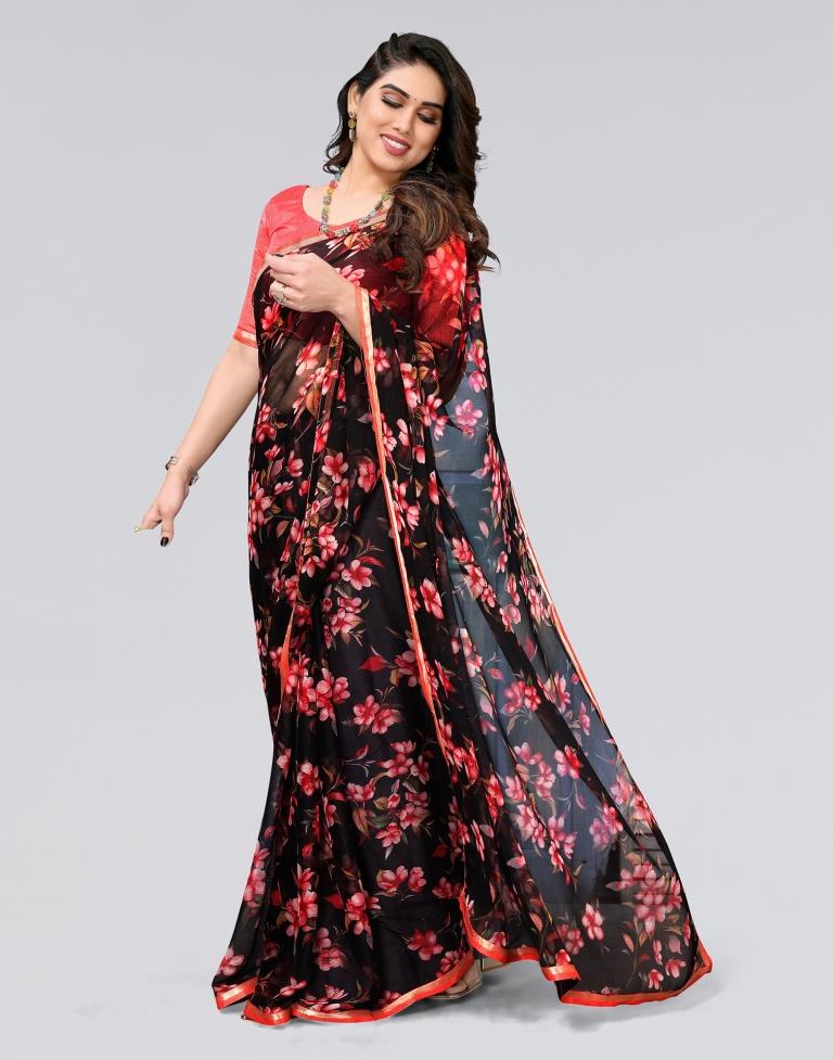 Black & Red Printed Chiffon Saree