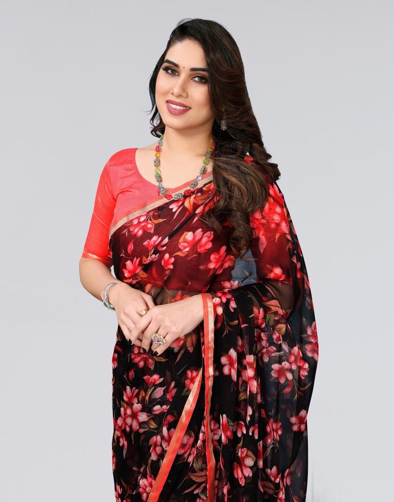 Black & Red Printed Chiffon Saree