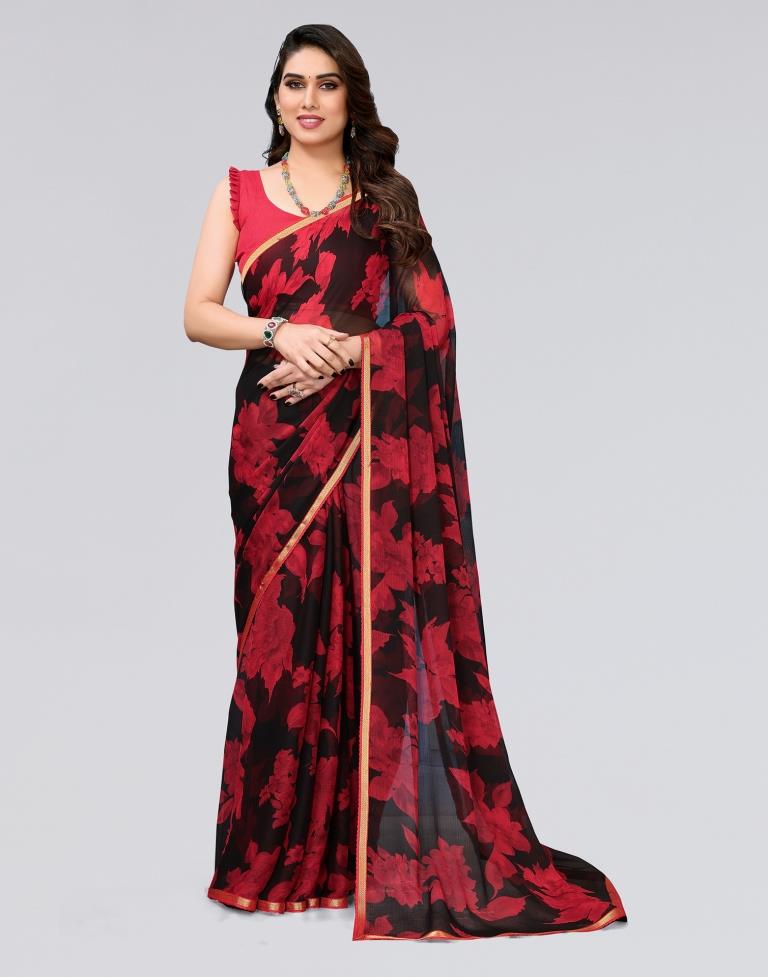 Black & Red Printed Chiffon Saree