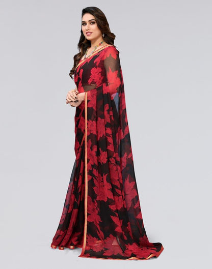 Black & Red Printed Chiffon Saree