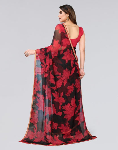 Black & Red Printed Chiffon Saree