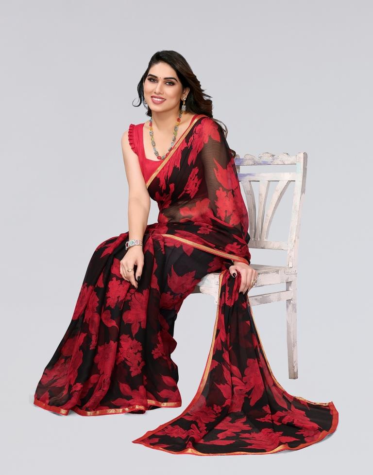 Black & Red Printed Chiffon Saree