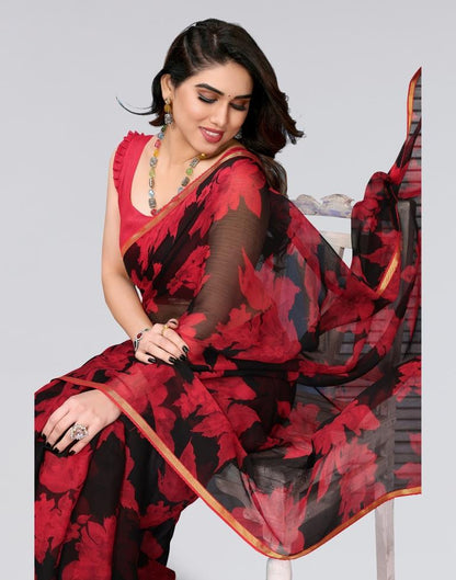 Black & Red Printed Chiffon Saree