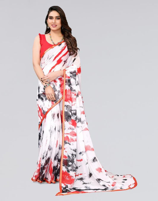 White Printed Chiffon Saree