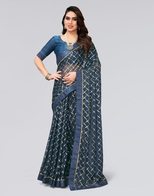 Teal Blue Printed Lycra Saree