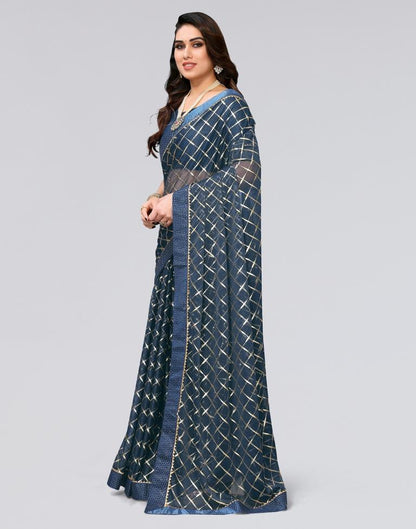 Teal Blue Printed Lycra Saree