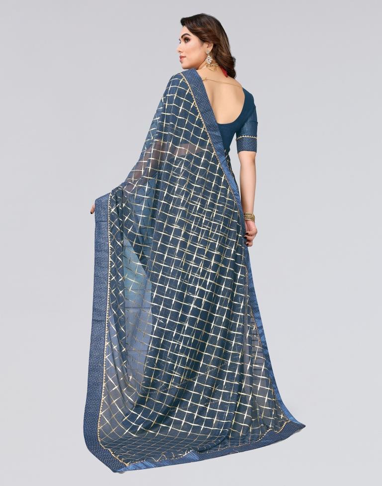 Teal Blue Printed Lycra Saree