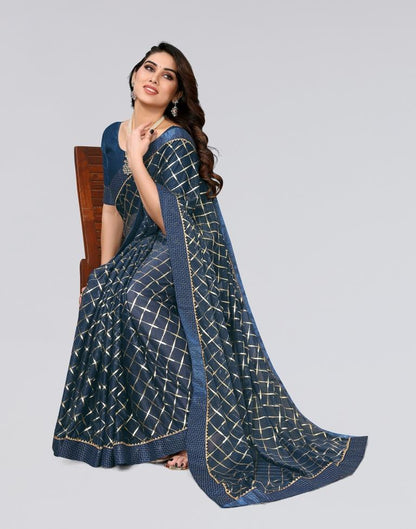 Teal Blue Printed Lycra Saree