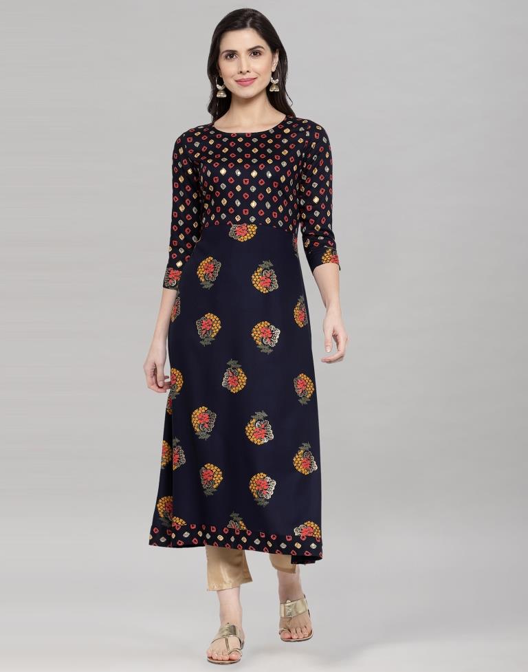 Nevy Blue Foil Printed Rayon Kurti | Sudathi