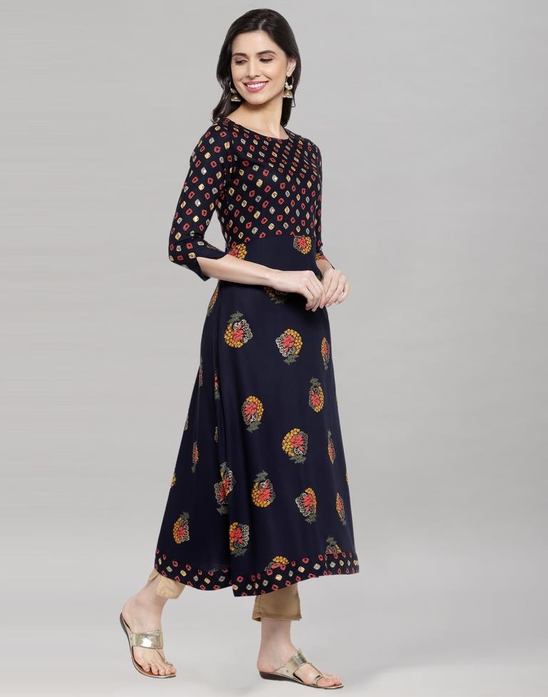 Nevy Blue Foil Printed Rayon Kurti | Sudathi
