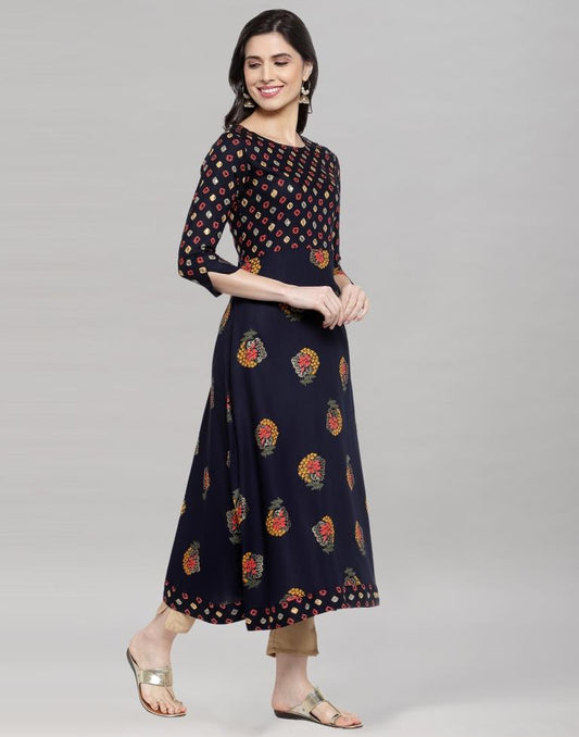Nevy Blue Foil Printed Rayon Kurti | Sudathi