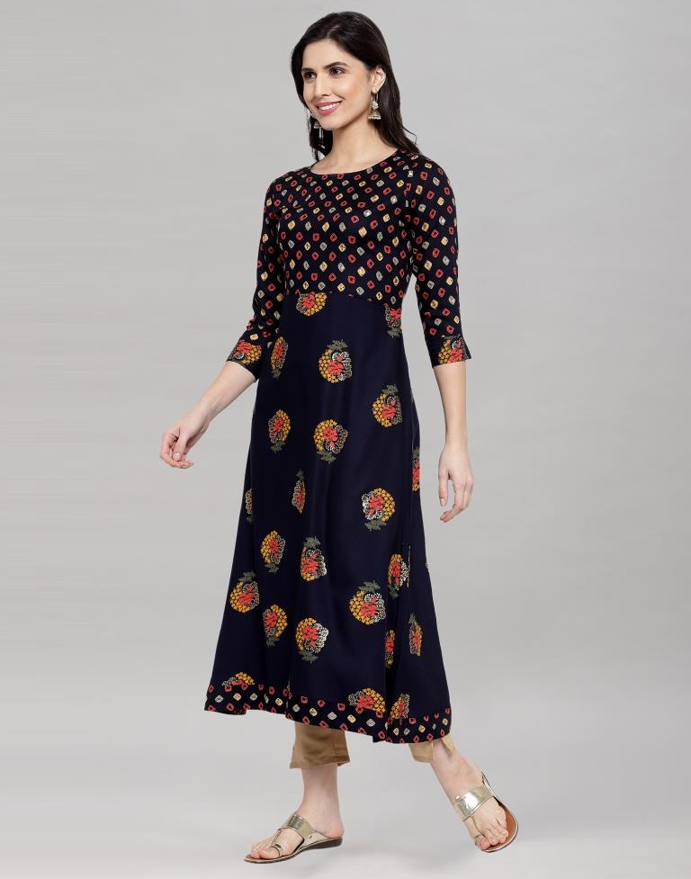 Nevy Blue Foil Printed Rayon Kurti | Sudathi