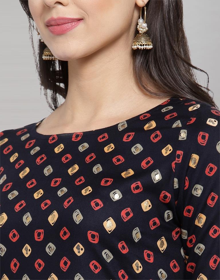 Nevy Blue Foil Printed Rayon Kurti | Sudathi
