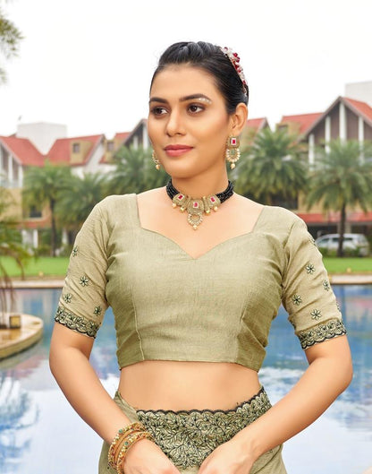 Pista Green Plain Silk Saree