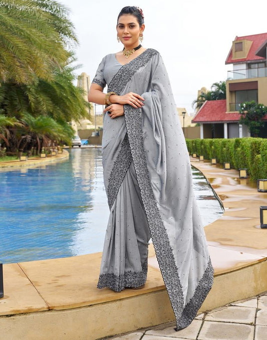 Grey Plain Silk Saree